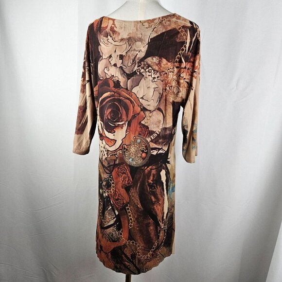 Fantazia Vintage Medium Boho Floral Dress Horse Western Cowgirl Tan Asymmetrical - Picture 5 of 8